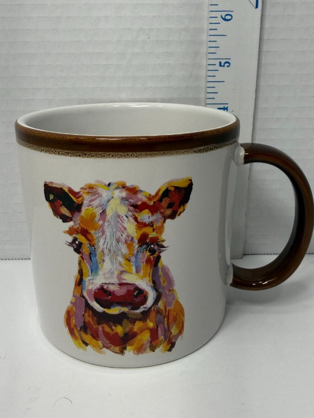 Colorful Cow Art Coffee Mug Brown Rim Handle Ceramic Farmhouse Dishwasher Safe